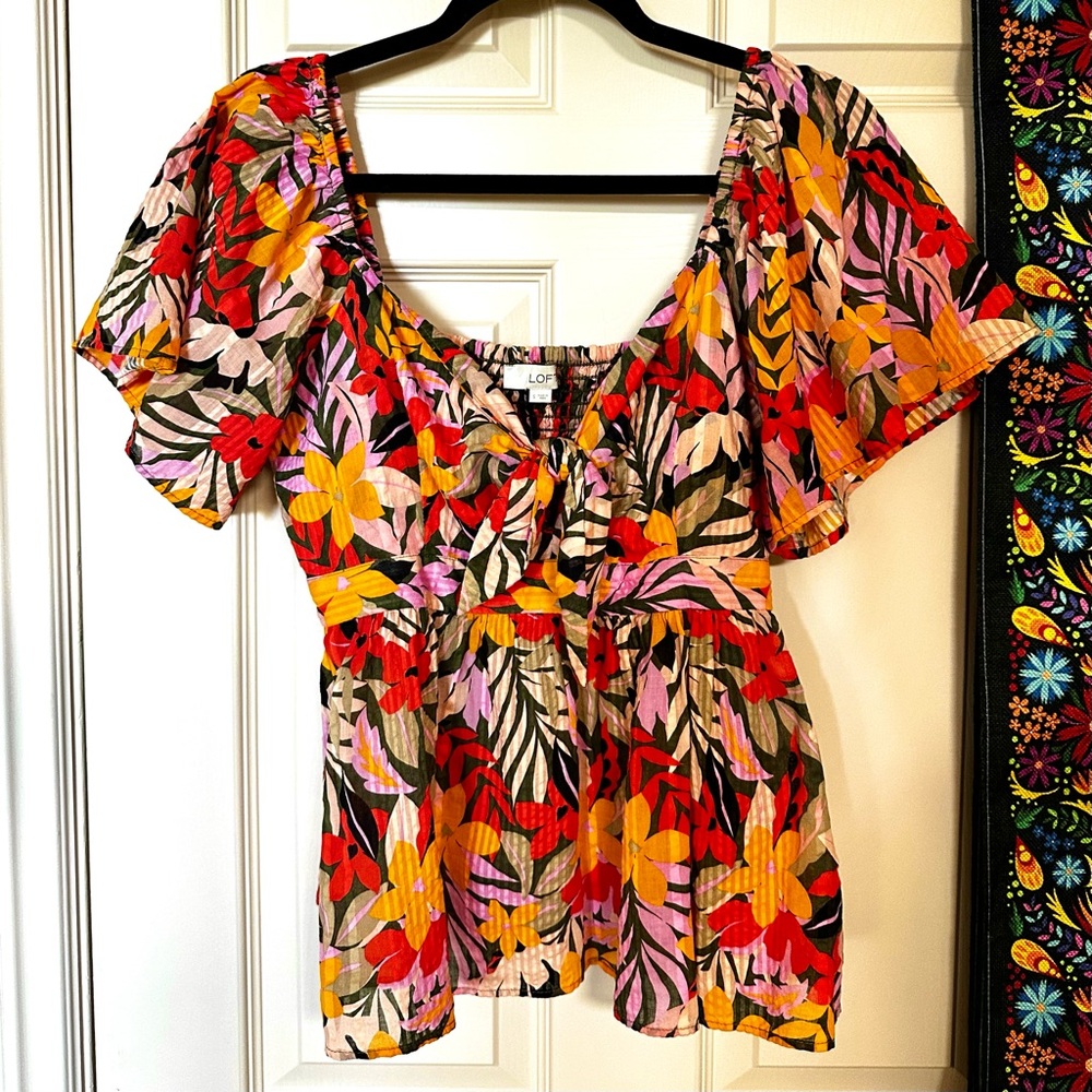LOFT Orange and Red Flutter Sleeve Blouse with Ruffled Tie Front
